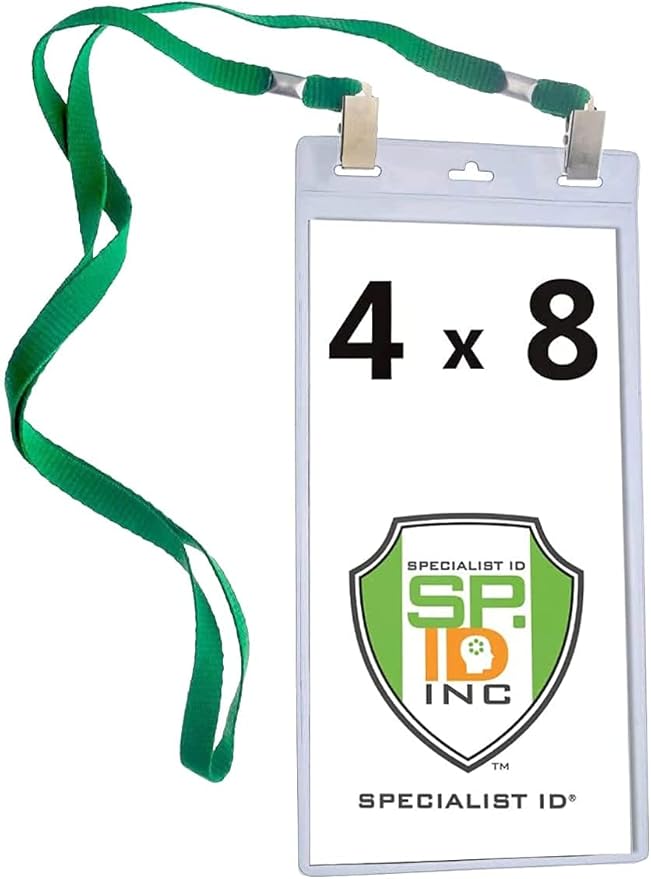 Bulk 25 Pack - 4 x 8 Inch Extra Large Ticket & Event Credential Badge Holders with Double Sided Lanyards with Two Bulldog Clips, by Specialist ID (Green)