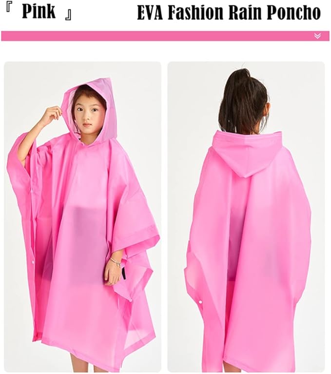 Rain Poncho for Kids (2 Pack), Reusable EVA Children Raincoat Ponchos Rain Jacket with Hood for 6-14 Girls Boys