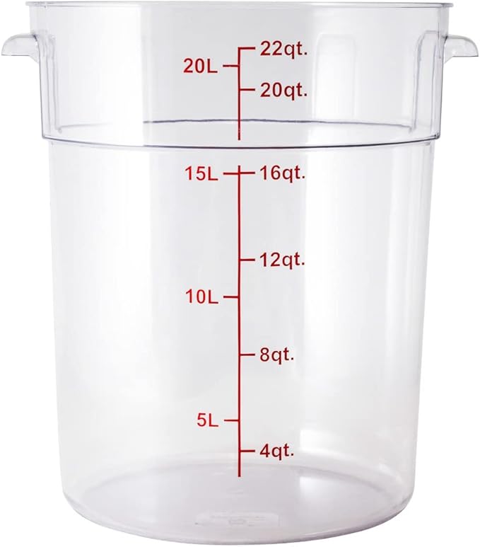 Restaurantware Met Lux 22 Quart Food Storage Container, 1 Round Commercial Storage Container - Lid Sold Separately, With Volume Markers, Clear Plastic Food Prep Bucket, Space-Saving Storage