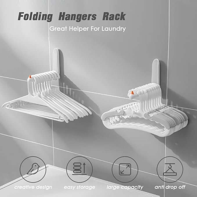 Folding Clothes Hanger Holder Hook, Wall Mounted Drying Rack for Towel, Large Capacity, Anti-Drop, Space-Saving Hanger Storage for Laundry Room, Dorm, RV, 1PC (White)