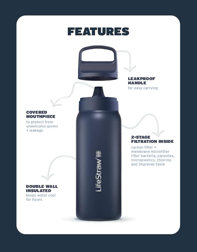 LifeStraw Go Series — Insulated Stainless Steel Water Filter Bottle for Travel and Everyday Use Removes Bacteria, Parasites and Microplastics, Improves Taste, 24oz Kyoto Orange
