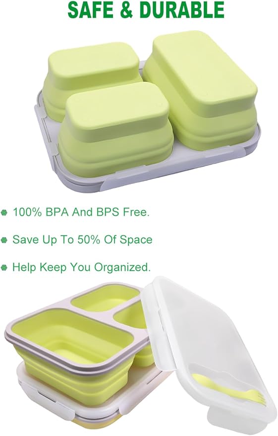 2 Pack Big Collapsible Silicone Bento Lunch Boxes With Lids spoons forks,3 Compartments, Divided Lunch Food Storage Containers, Safe in Microwave, Dishwasher and Freezer, 45.6oz (Yellow+Green)