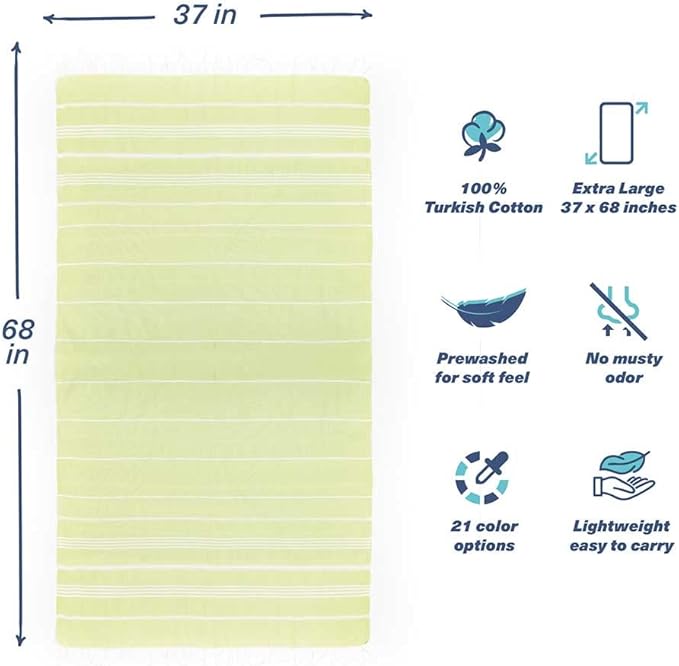 Hencely Turkish Beach Towel 37x68 Oversized, Sand-Free, Quick-Dry, Lightweight - Travel Essential for Pool & Bath - Striped 100% Cotton Bathroom Towels Accessories Gift (Pistachio)