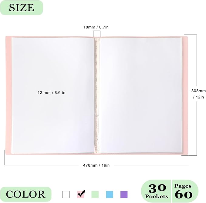 Tamaki Binder with Plastic Sleeves, Portfolio Folder with Clear Sheet Protectors, Display 60 Pages Book, Presentation Book for Artwork, Document Organizer, 1 Pack (Pink)