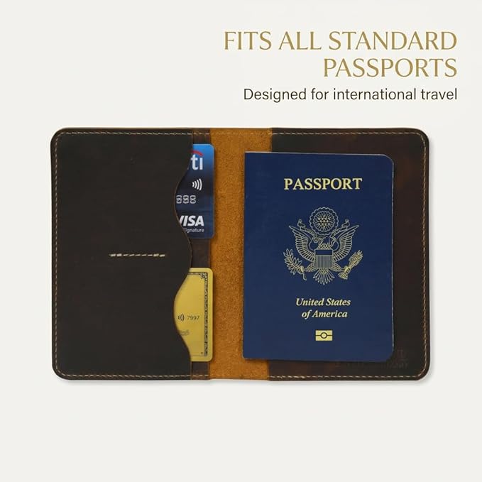 Rustique Leather Passport Holder Collection - Handmade Travel Wallet & Organizer - Full Grain Crazy Horse Leather Covers for Men & Women (Multiple Styles) (Wavy Pocket Wallet - Tobacco & Honey)