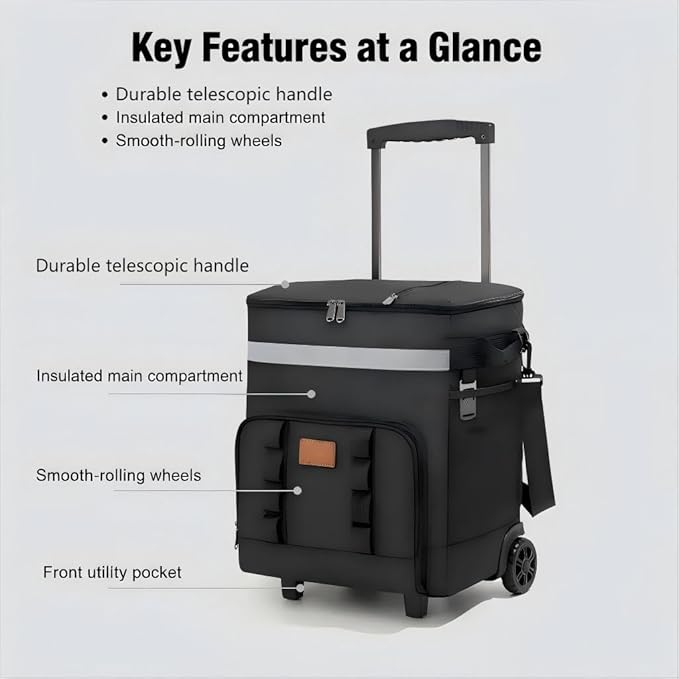 Insulated Rolling Cooler with Wheels - Soft Leak Proof Ice Chest for Camping, Travel and Lunch - Portable Wheeled Advanced Insulation