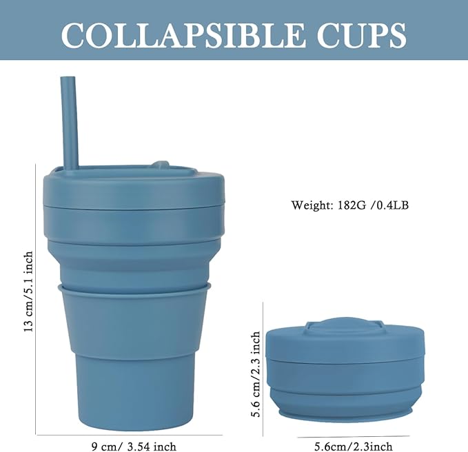 Collapsible Travel Cups- Food Grade Silicone Coffee Cups with Straw Lid 350ml 12oz Lightweight