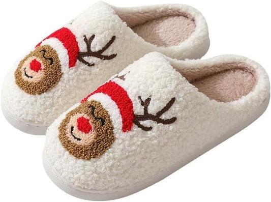 Unisex Xmas Elk Shoes Santa Reindeer Cute Strawberry Cartoon Christmas Tree Pink Bow Memory Foam Soft Plush House Slippers Indoor/Outdoor