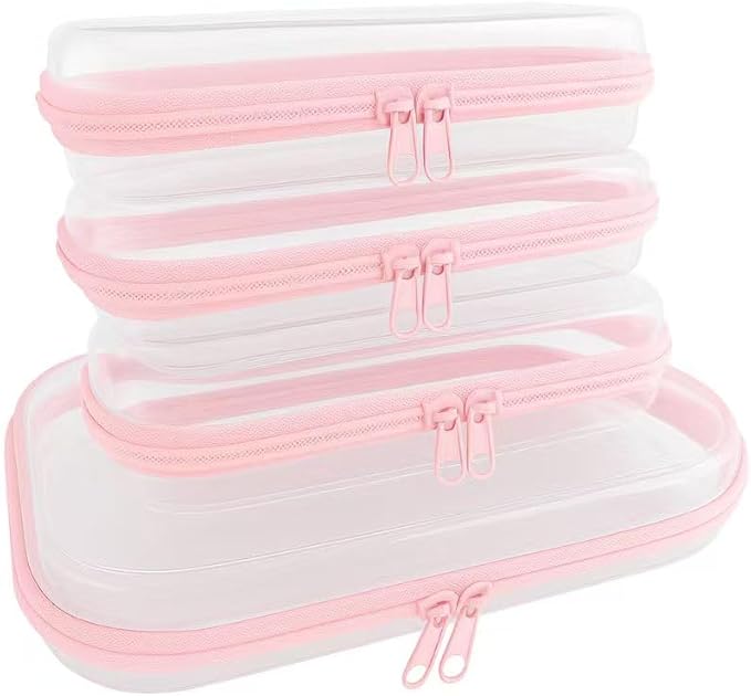 4Pcs/3S+1M Clear Hard Shell Zippered Travel Case – Plastic Organizer Pouch for Toiletries, Cosmetic Bag, Diaper Bag & Packing Accessories (Pink, Set B)