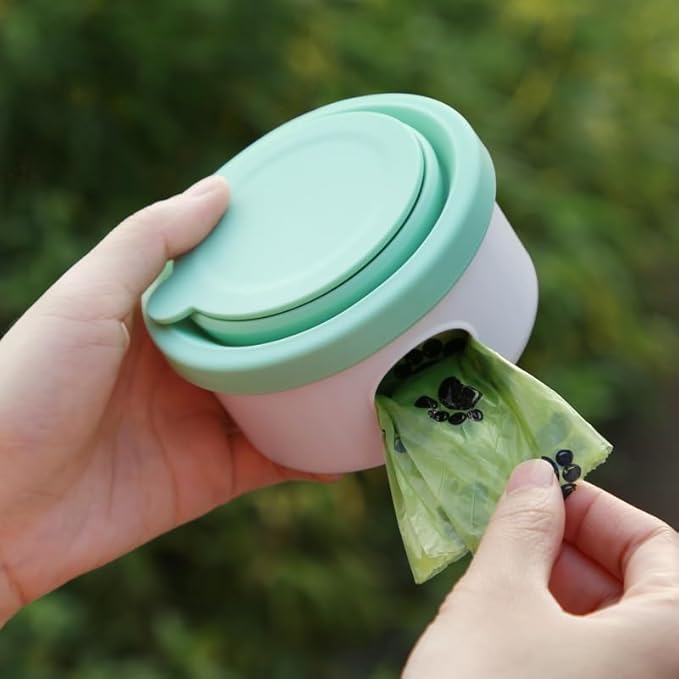 3 in 1 Collapsible Dog Travel Bowls, Small Animals Cats Bowl, Treat Container, Poop Bag Holder with 1 Roll Poop Bags, Portable Pet Silicone Snack Box for Walking, Hiking, Outdoor Camping, Road Trips