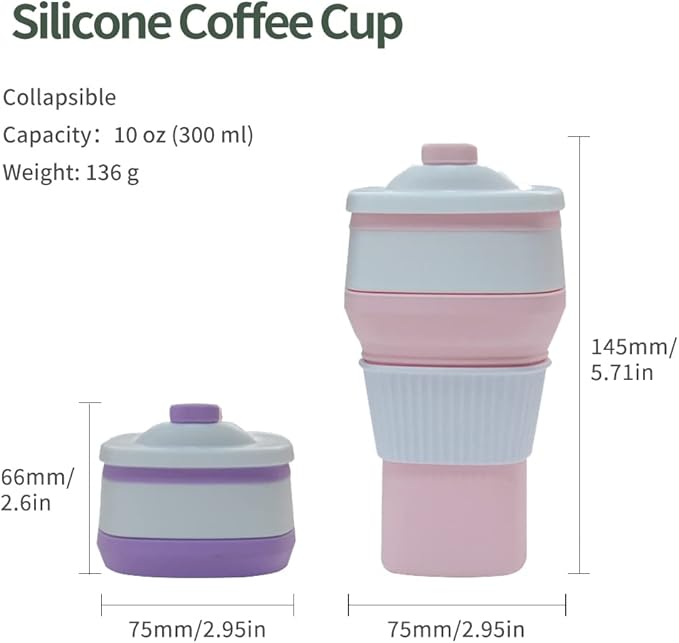 Collapsible Travel Coffee Cups Set of 2 - Silicone Foldable Mugs with Leakproof Lids, BPA Free, Microwave and Dishwasher Safe - 10oz (300ml) for Travel, Office, Camping