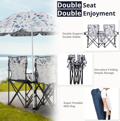 Camping Chairs, Folding Double Chair with Removable Umbrella, Cup Holders, Cooler Bag, Side Pocket & Carry Bag, for Beach, Outdoor, Sports, Concerts, Travel, Picnic