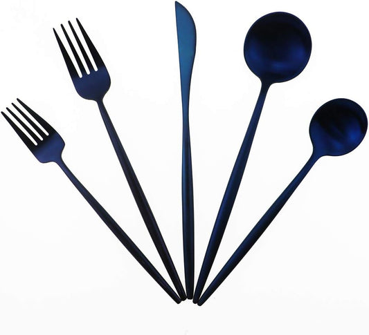 Matte Blue Gugrida 5-Piece 18/10 Stainless Steel Silverware Set, Satin Finish Flatware, Kitchen Utensils, Tableware Travel Cutlery for Camping, Office or School Lunch, Dishwasher Safe