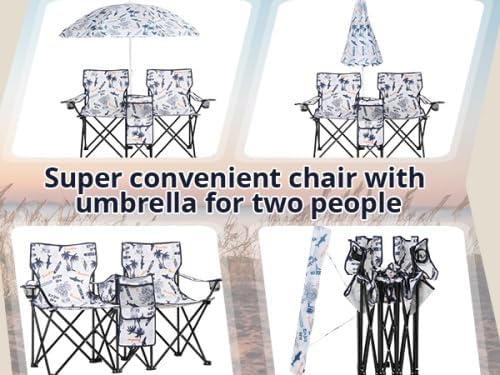 Camping Chairs, Folding Double Chair with Removable Umbrella, Cup Holders, Cooler Bag, Side Pocket & Carry Bag, for Beach, Outdoor, Sports, Concerts, Travel, Picnic