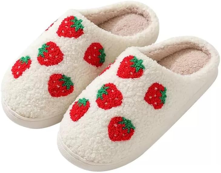 Unisex Xmas Elk Shoes Santa Reindeer Cute Strawberry Cartoon Christmas Tree Pink Bow Memory Foam Soft Plush House Slippers Indoor/Outdoor
