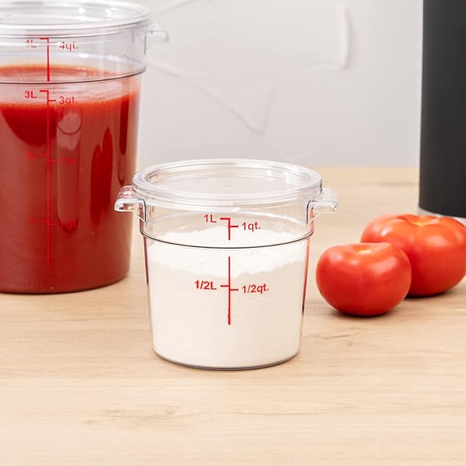 Restaurantware Met Lux 1 Quart Food Storage Container, 1 Round Commercial Storage Container - Lid Sold Separately, With Volume Markers, Clear Plastic Food Prep Bucket, Space-Saving Storage