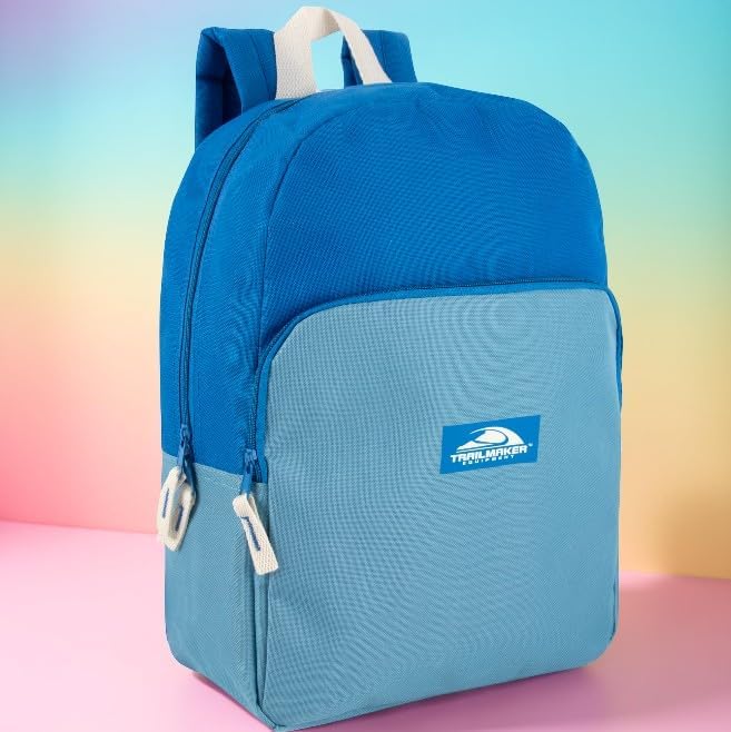 Color Block Backpacks for School Boys and Girls, 15 Inch Two Tone Colorful Small Travel Backpack for Kids (Blue)