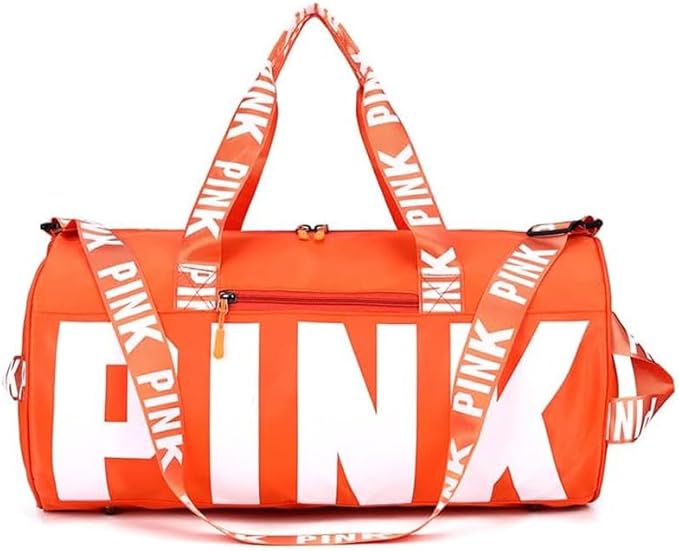 Sports Gym Bag Large Capacity Travel Duffel Bag Sport Shoes Bag with Wet Pocket Compartment for Men and Women Lightweight Multiple Colors PINK Logo (ORANGE)