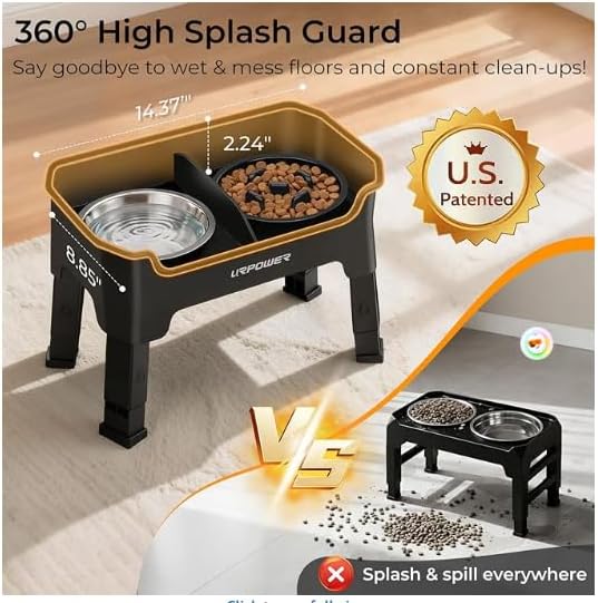URPOWER Mess Proof Slow Feeder Dog Bowls 4 Height Adjustable Elevated Bowl Stand with 2 Stainless Steel Dog Bowls and 1 Slow Feeder Non-Slip Food and Water Bowl Set for Small and Medium Dogs