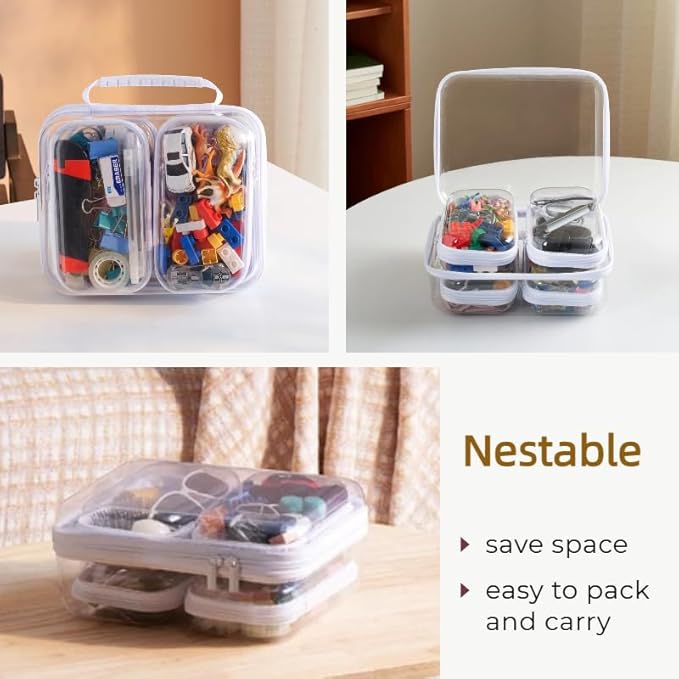 5 pcs Zipper Pouches with Handle, Clear Hard Shell Toiletry Bags, Stackable Travel Organizer, Cosmetic Bags, Transparent Diaper Bag Storage Cases (Handle L+4S)