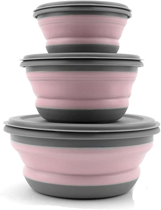 Collapsible Bowls, 3pcs Food Grade Silicone Camping Bowl Salad Bowl with lids, Portable Expandable Lunch Box Food Storage Container for Camping Travel and Picnic (Pink)