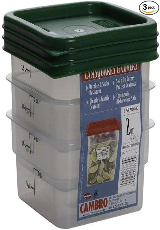 Cambro Set of 3 Square Food Storage Containers with Lids, 2 Quart