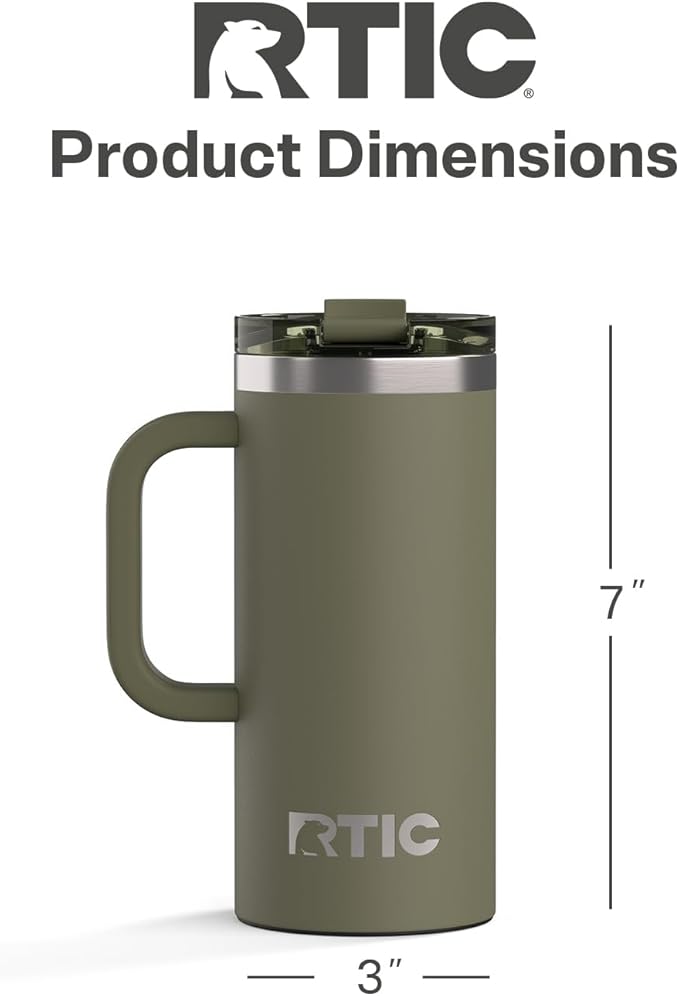RTIC 16oz Road Trip Travel Mug with Lid and Handle, Ceramic Lined, Insulated, Stainless Steel, Metal, Double Wall Vacuum-Insulation, Portable Coffee, Tea Cup for Hot and Cold Drink, Olive