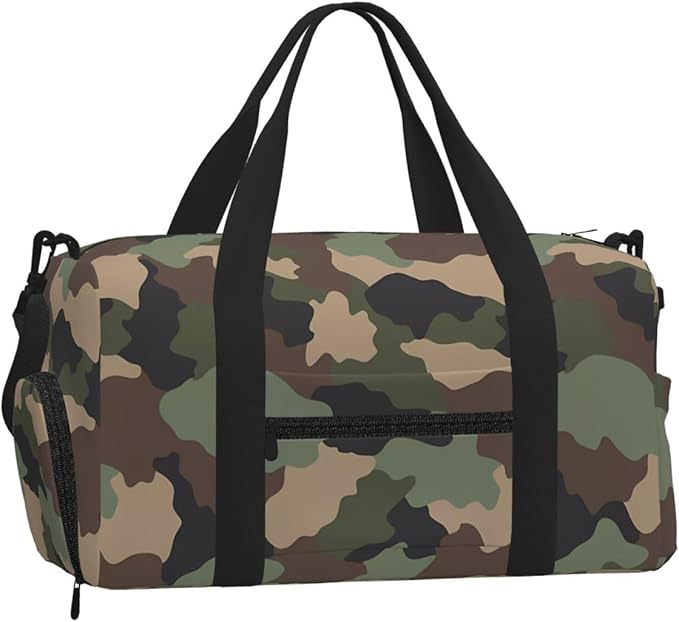 Camouflage Woodland Camo Khaki Tan Black Women'S Gym Duffle Bag With Shoes Compartment, Ideal For Travel, Gym, Sports, Duffel, Weekender