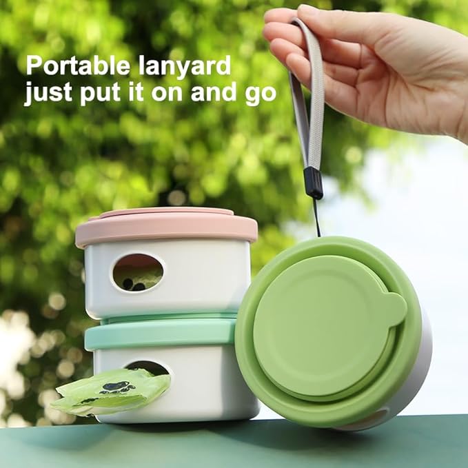 3 in 1 Collapsible Dog Travel Bowls, Small Animals Cats Bowl, Treat Container, Poop Bag Holder with 1 Roll Poop Bags, Portable Pet Silicone Snack Box for Walking, Hiking, Outdoor Camping, Road Trips