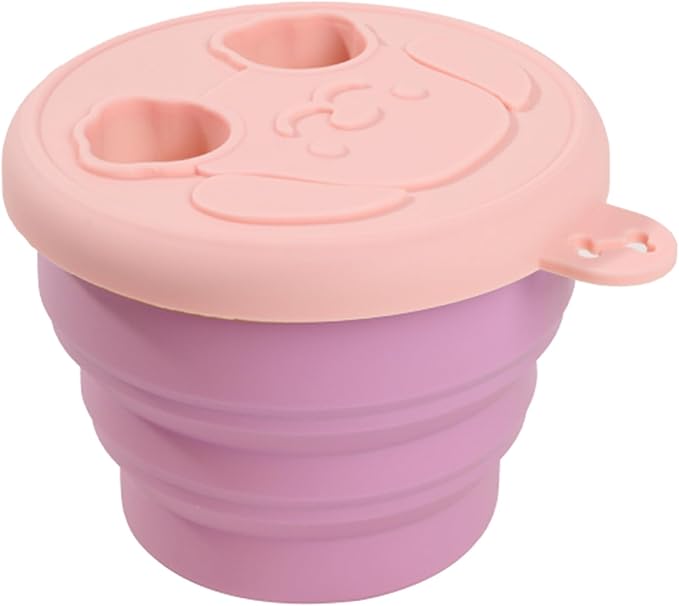 Snack Finger Container 2 in 1 No-Mess Collapsible Food Storage Snack Cup with Lid - Keep Hands Clean, Reusable for Travel, Home, and Camping (Pink)