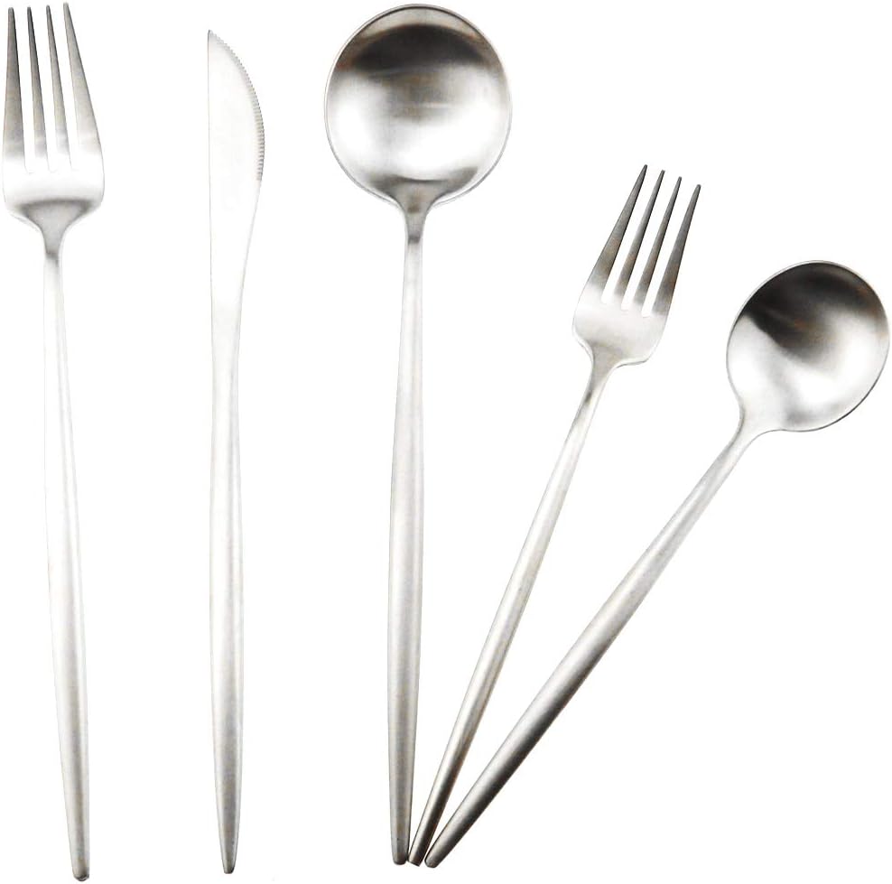 Matte Silver Silverware Set,Gugrida 5-Piece 18/10 Stainless Steel Satin Finish Flatware Set,Kitchen Utensil Set,Tableware Travel Cutlery Set for Camping Office or School Lunch, Dishwasher Safe