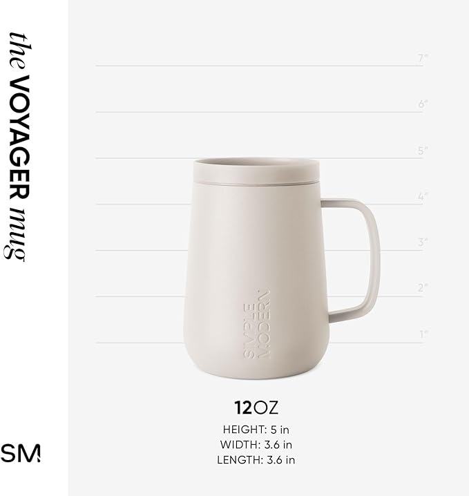 Simple Modern Voyager Signature Mug | Travel Coffee Tumbler with 360° Lid and Handle | Ceramic-Lined Insulated Stainless Steel Iced Cold Brew Cup | 12oz, Almond Birch