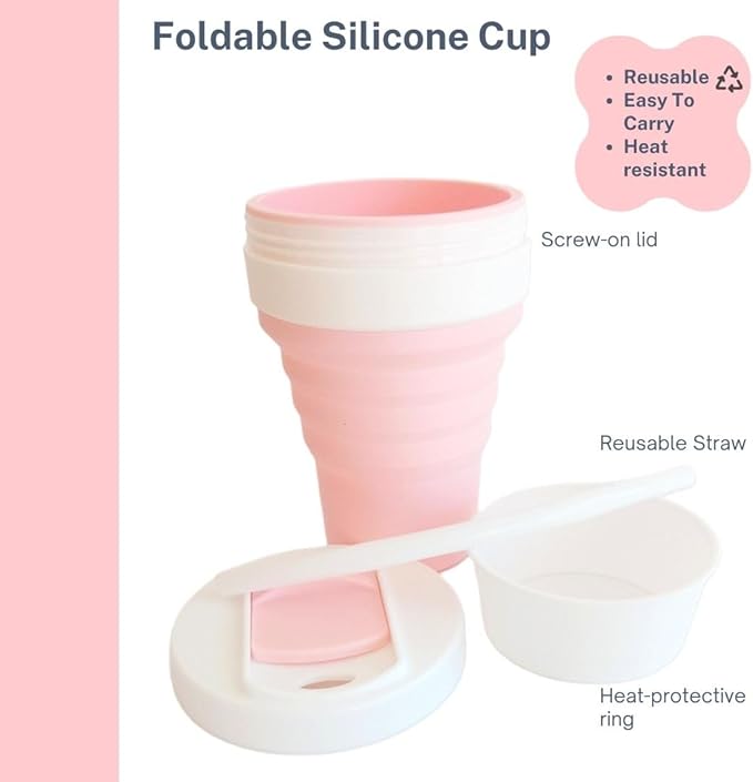 Collapsible Silicone Cup 12 oz – BPA Free Reusable Travel Cup with Lid & Straw – Foldable Pocket Size for Hot & Cold Drinks – Camping, Hiking, Office, Outdoor (Pink & White)