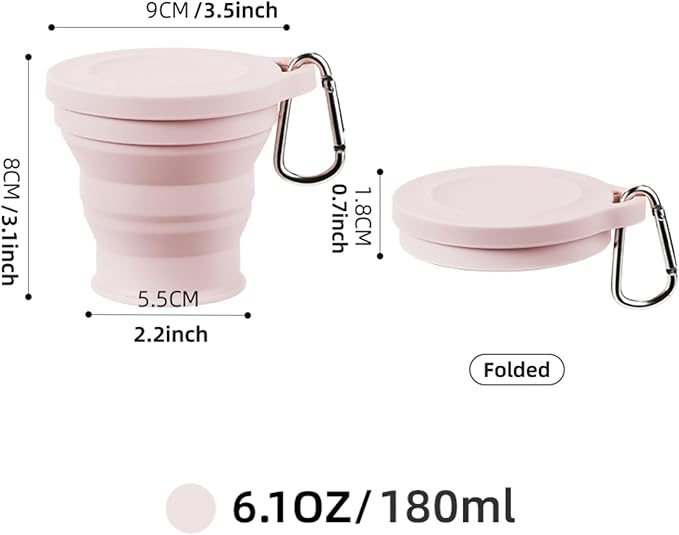 Reusable Foldable Silicone Water Cup, Portable Picnic Snacks Cup, Pocket Size Travel Cup Extensible, Collapsible Cups with Lid for Camping, Travel (Pink with Hook)