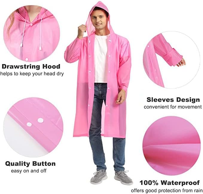 Rain Coat Poncho for Adult, 2 Pack Women Men Reusable Raincoats Emergency with Hood and Drawstring
