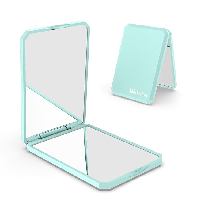 WOBSION Small Compact Mirror,1x/2x Travel Magnifying Mirror,2-Sided Handheld Portable Folding Mirror for Purse,Pocket,Gifts,Square(Cyan)