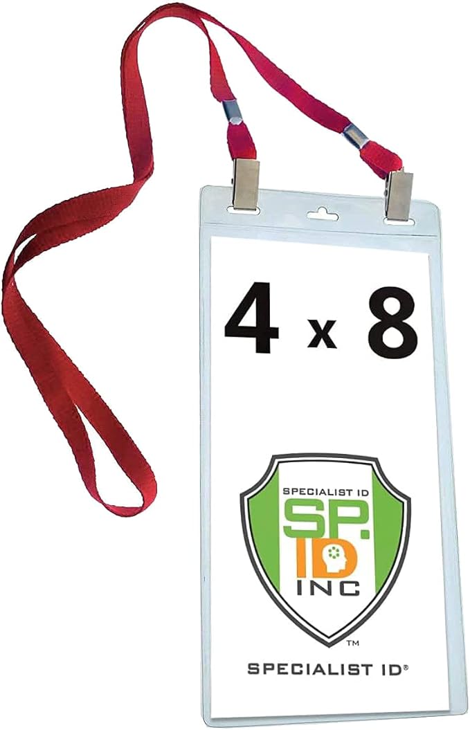 Bulk 25 Pack - 4 x 8 Inch Extra Large Ticket & Event Credential Badge Holders with Double Sided Lanyards with Two Bulldog Clips, by Specialist ID (Red)