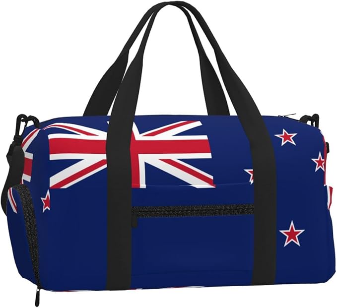 New Zealand Flag Print Gym Bag with Shoe Compartment for Women Men, 17.7in Sports Duffle Weekender Tote, Overnight Travel Duffel Bag Carry On