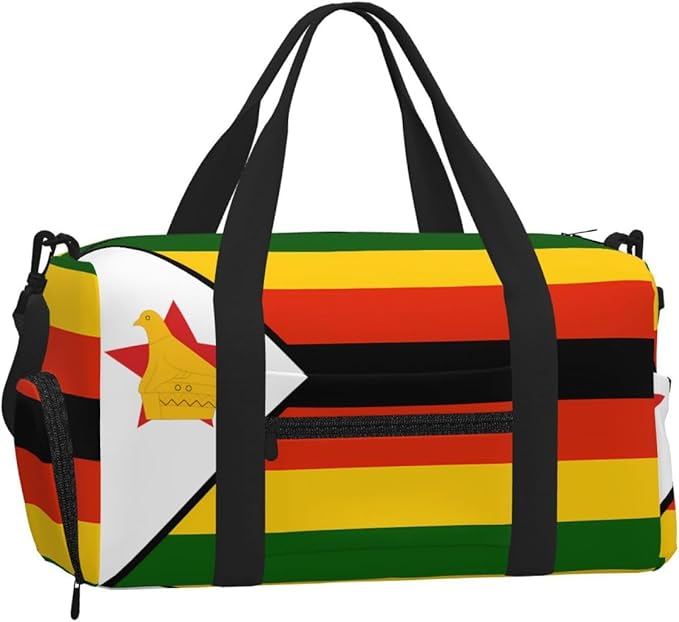 Flag of Zimbabwe Print Gym Bag with Shoe Compartment for Women Men, 17.7in Sports Duffle Weekender Tote, Overnight Travel Duffel Bag Carry On