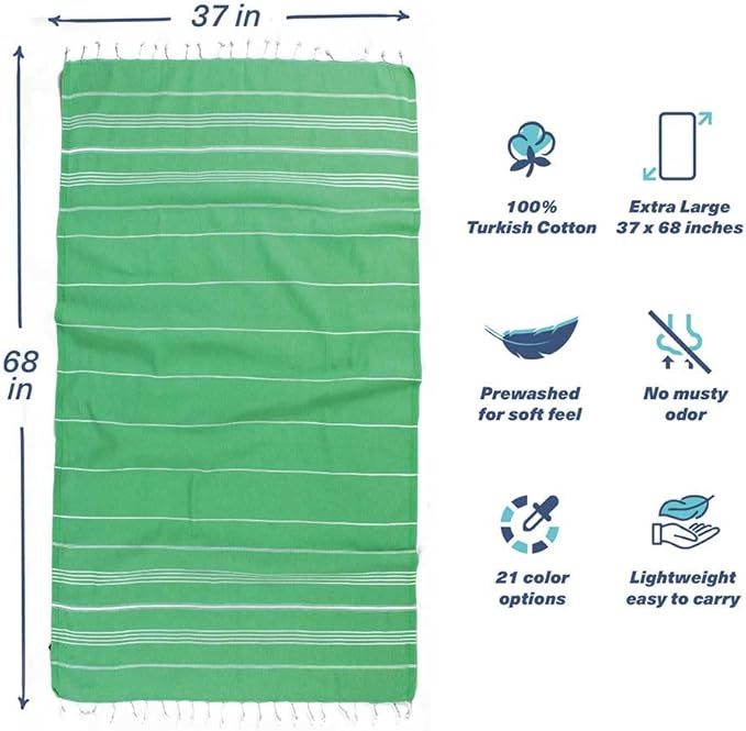 Hencely Turkish Beach Towel 37x68 Oversized, Sand-Free, Quick-Dry, Lightweight - Travel Essential for Pool & Bath - Striped 100% Cotton Bathroom Towels Accessories Gift (Green)