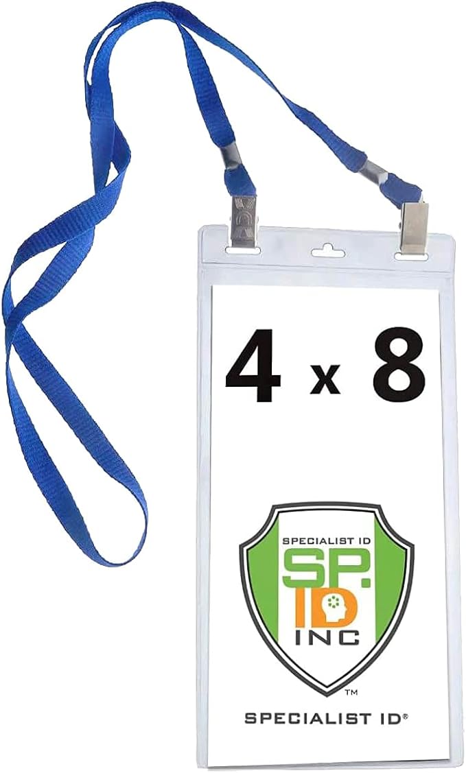 Bulk 25 Pack - 4 x 8 Inch Extra Large Ticket & Event Credential Badge Holders with Double Sided Lanyards with Two Bulldog Clips, by Specialist ID (Royal Blue)