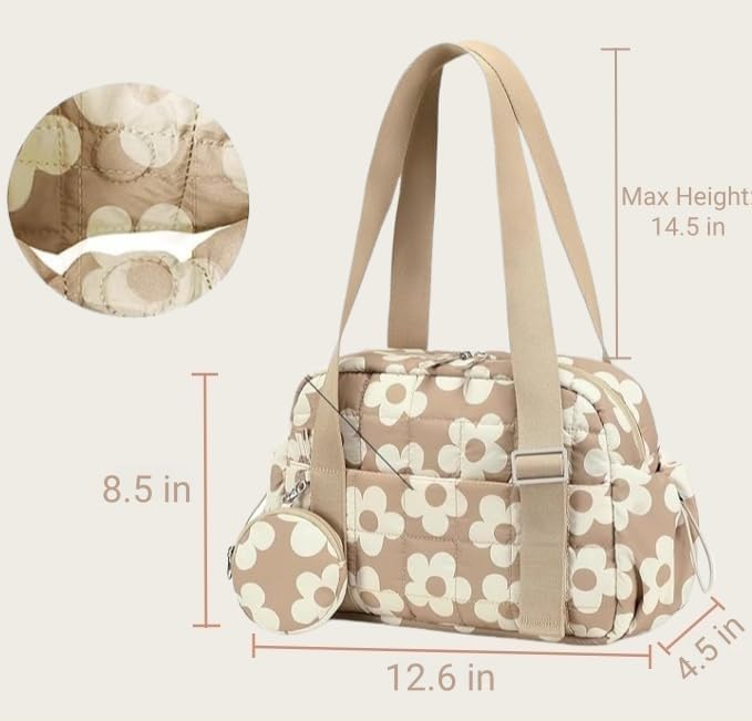 CAMTOP Mini Gym Bag for Women, Small Gym Tote Bag Puffy Quilted Sports Duffel Bag with Wet Compartment and Coin Purse Duffel Bags Dance Yoga Workout Bag for Gifts (Brown Flower, Mini-12.6")