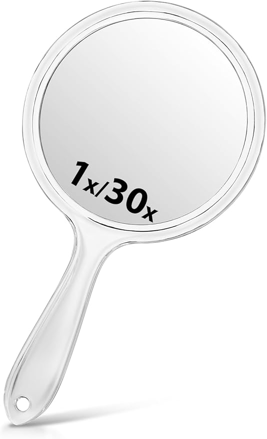 Hand Mirror, Double-Sided 1X/30X Magnifying Mirror with Handle, Acrylic, 8.3" L x 4.5" W, Clear, Pack of 1