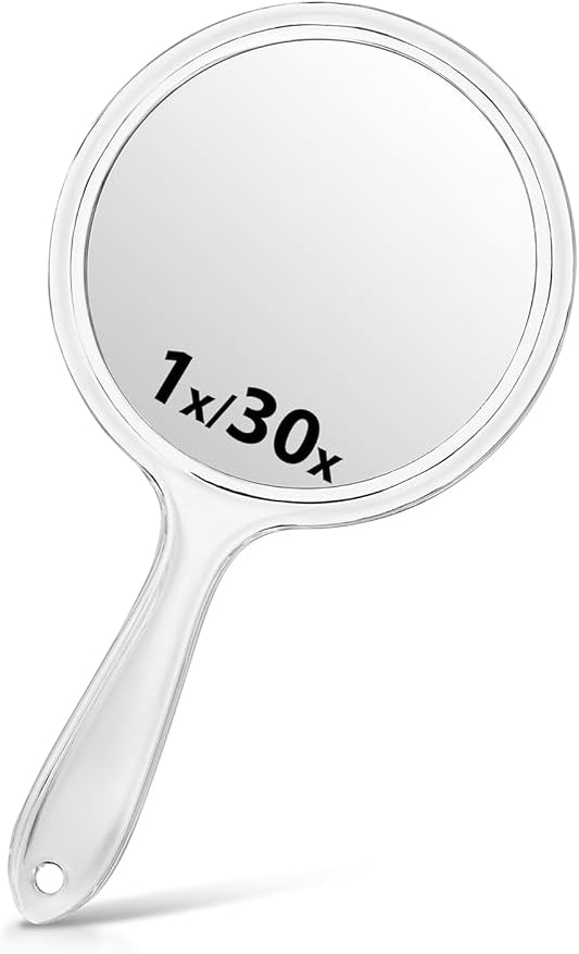 Hand Mirror, Double-Sided 1X/30X Magnifying Mirror with Handle, Acrylic, 8.3" L x 4.5" W, Clear, Pack of 1