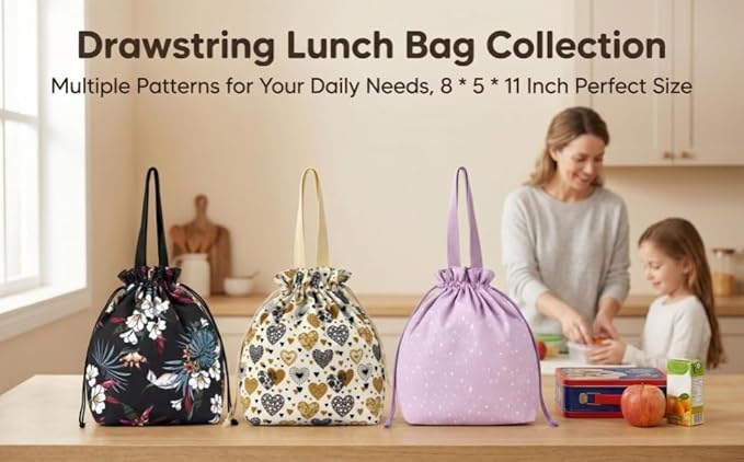 Reusable Small Lunch Bag,Drawstring Lunch Bag,Insulated Handbag Tote bag with Handle (Yellow)