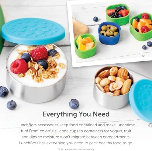 LunchBots Medium Trio II Snack Container - Divided Stainless Steel Food Container - Three Sections for Snacks On the Go - Eco-Friendly, Dishwasher Safe, BPA-Free - Stainless Lid - Blue Dots
