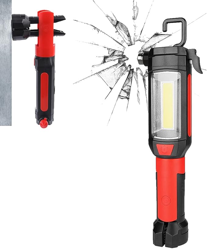 Maksone 9-in-1 Emergency Auto Tool with Flashlight, Window Breaker & Seat Belt Cutter, Magnetic LED Work Light with Hook for Car Repair, Camping, and Emergency Use (Battery Included) (1 Pack)
