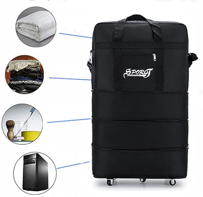 Expandable Extra Large Travel Oxford Duffel Bag with Wheels Waterproof Lightweight Traveling Foldable Suitcase (Black, L)