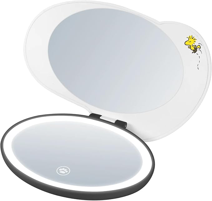 Impressions Vanity Peanuts SNOOPY LED Compact Mirror with Top 3x Magnified Mirror, Peanuts SNOOPY Figural Shape Makeup Mirror with Adjustable Tri Tone Brightness, Soft Touch Sensor Small Vanity Mirror