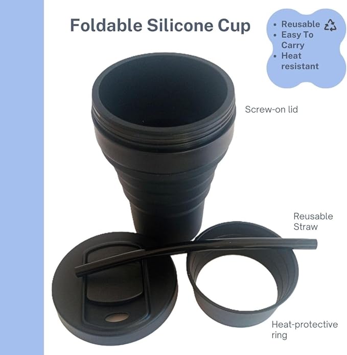 Collapsible Silicone Cup 12 oz – BPA Free Reusable Travel Cup with Lid & Straw – Foldable Pocket Size for Hot & Cold Drinks – Camping, Hiking, Office, Outdoor (Black)